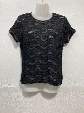 VTG Ann Tjian for Kenar Lace Sheer Top Overlay Short Sleeve Party Black Grunge L
